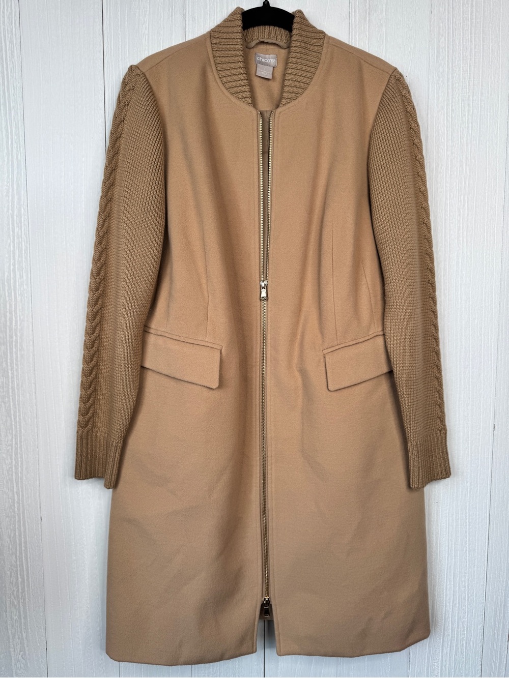 Chico’s Plush Knit Wool Blend Sweater Jacket Camel Tan Zip Front Coat